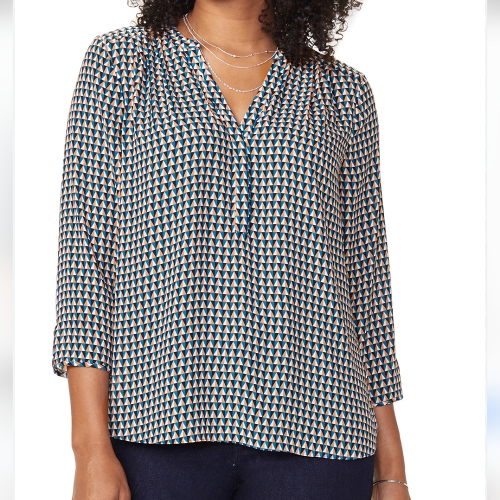 NYDJ Multicolor Geometric Pintuck 3/4 Sleeve Blouse Size XS